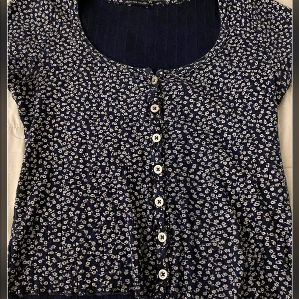 Brandy Melville Navy Top White Flowers and Ruffles